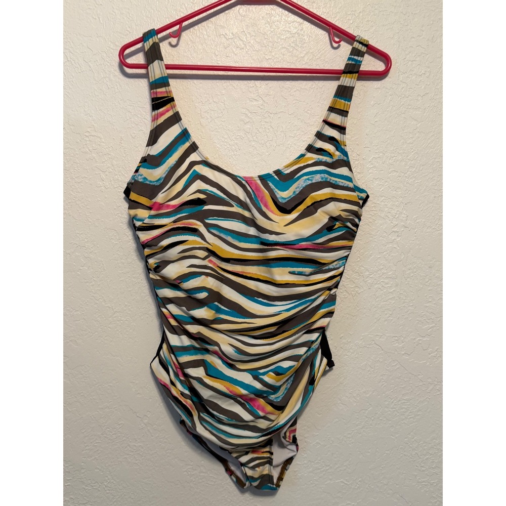 DKNY Multi Color Zebra Stripe Ruched One Piece Swimsuit Mesh Sides Size 12